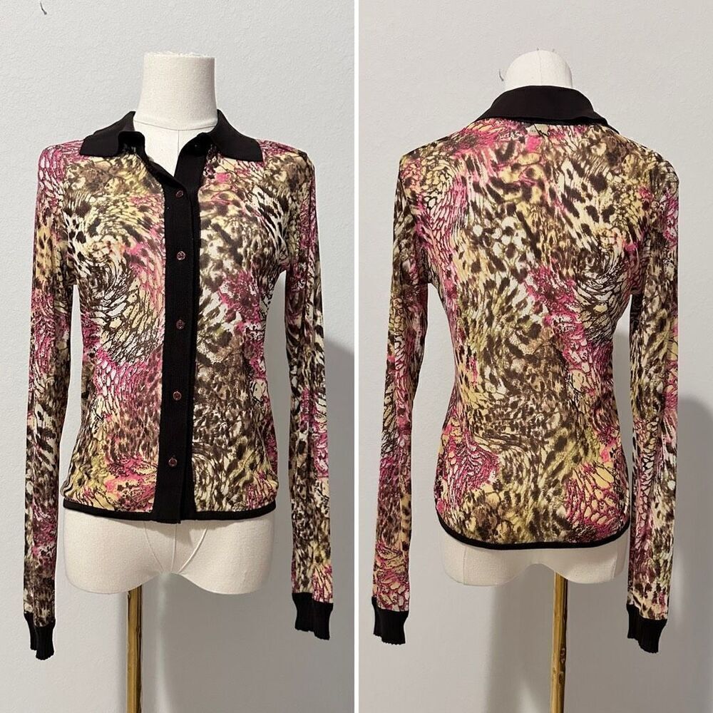 Exetera Abstract Print Mesh Shirt Cardigan Sz 1/US S Retro Y2K Twee Office-Siren